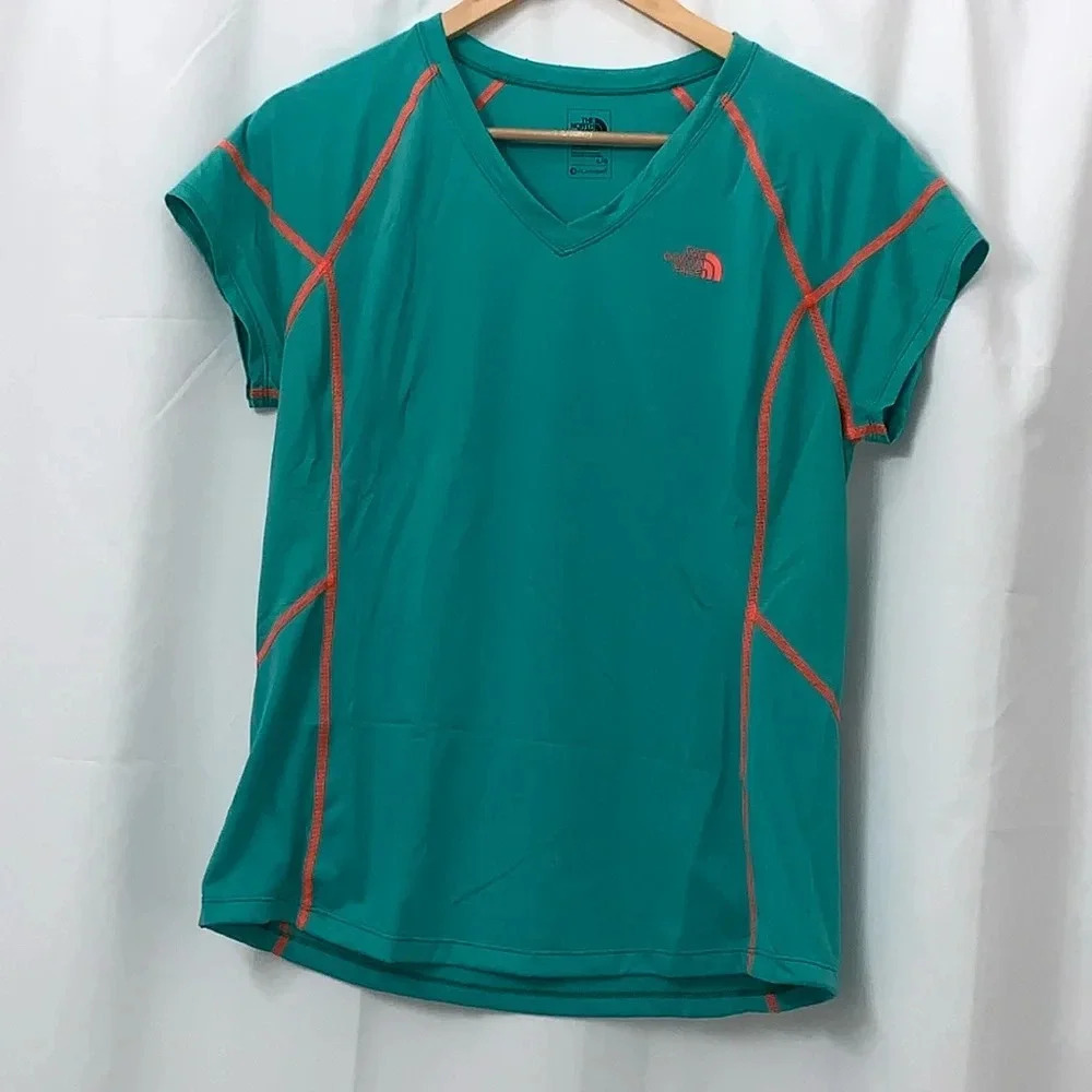 The North Face Womens FlashDry V-Neck Short Sleeve Athletic Tee Green Pink L - Picture 1 of 7